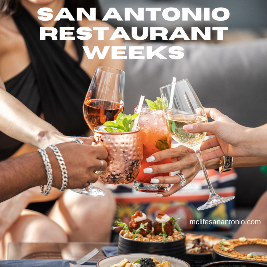 Image shows a group of people toasting with various glasses above a food-laden table. Text reads "San Antonio Restaurant Weeks"