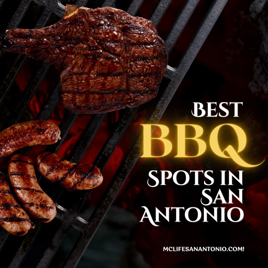 Steak and sausages on a grill. Text reads "Best BBQ spots in San Antonio mclifesanantonio.com"