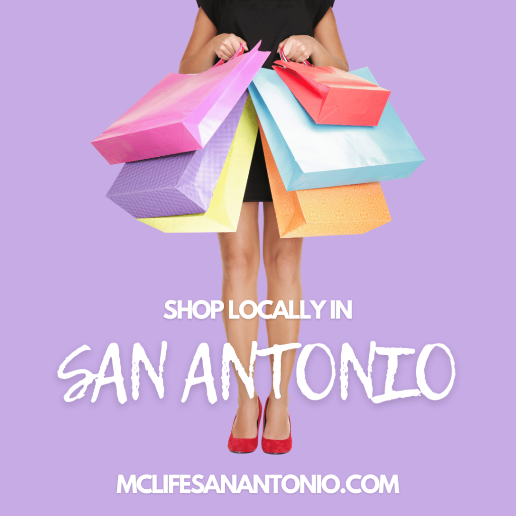 Woman holding lots of colorful shopping bags. ext reads "shop locally in San Antonio. mclifesanantonio.com"