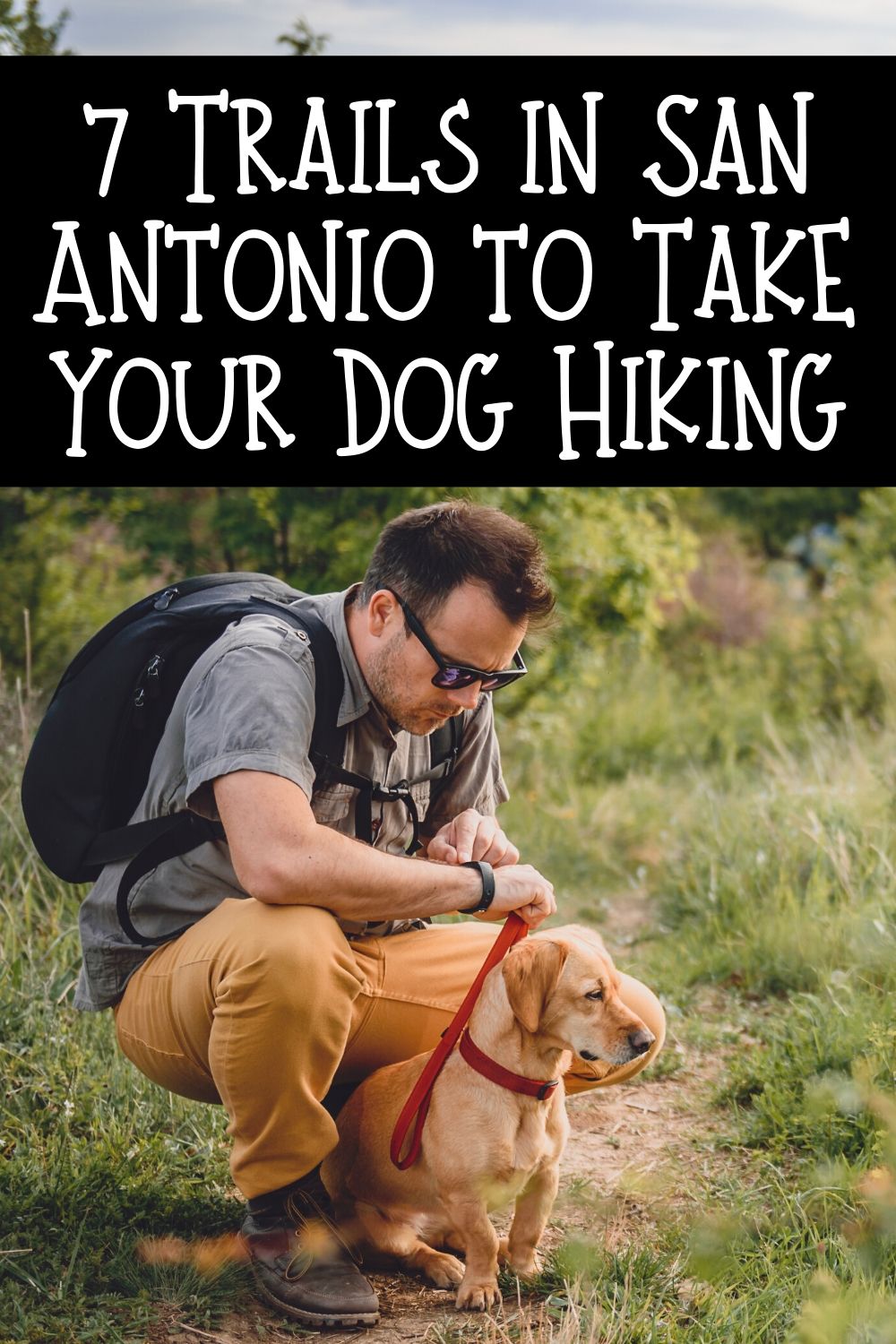 dog on leash with man with hiking backpack. Title of post at top. 