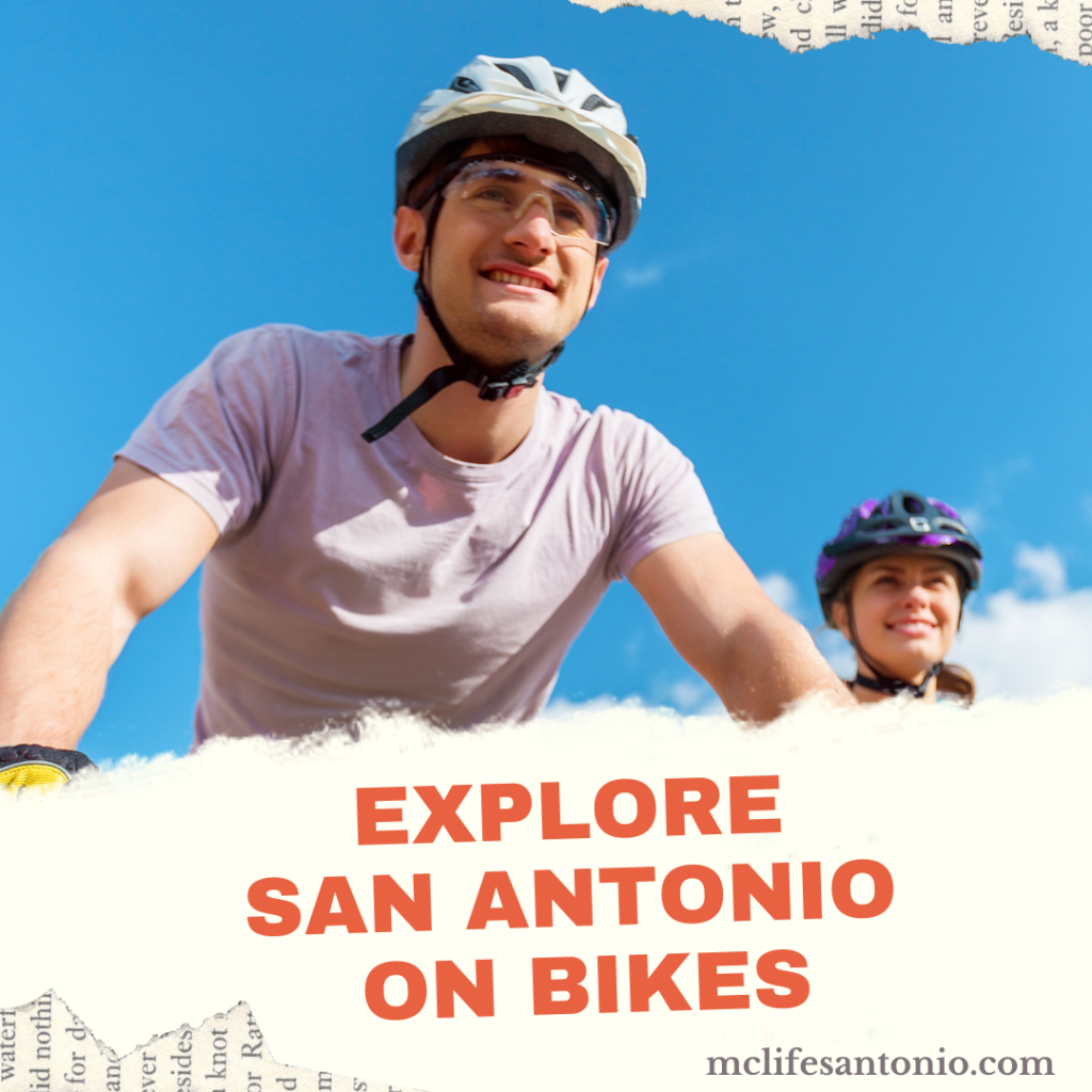 Image shows the head and shoulders of two people riding bikes. Text reads "Explore San Antonio on bikes"
